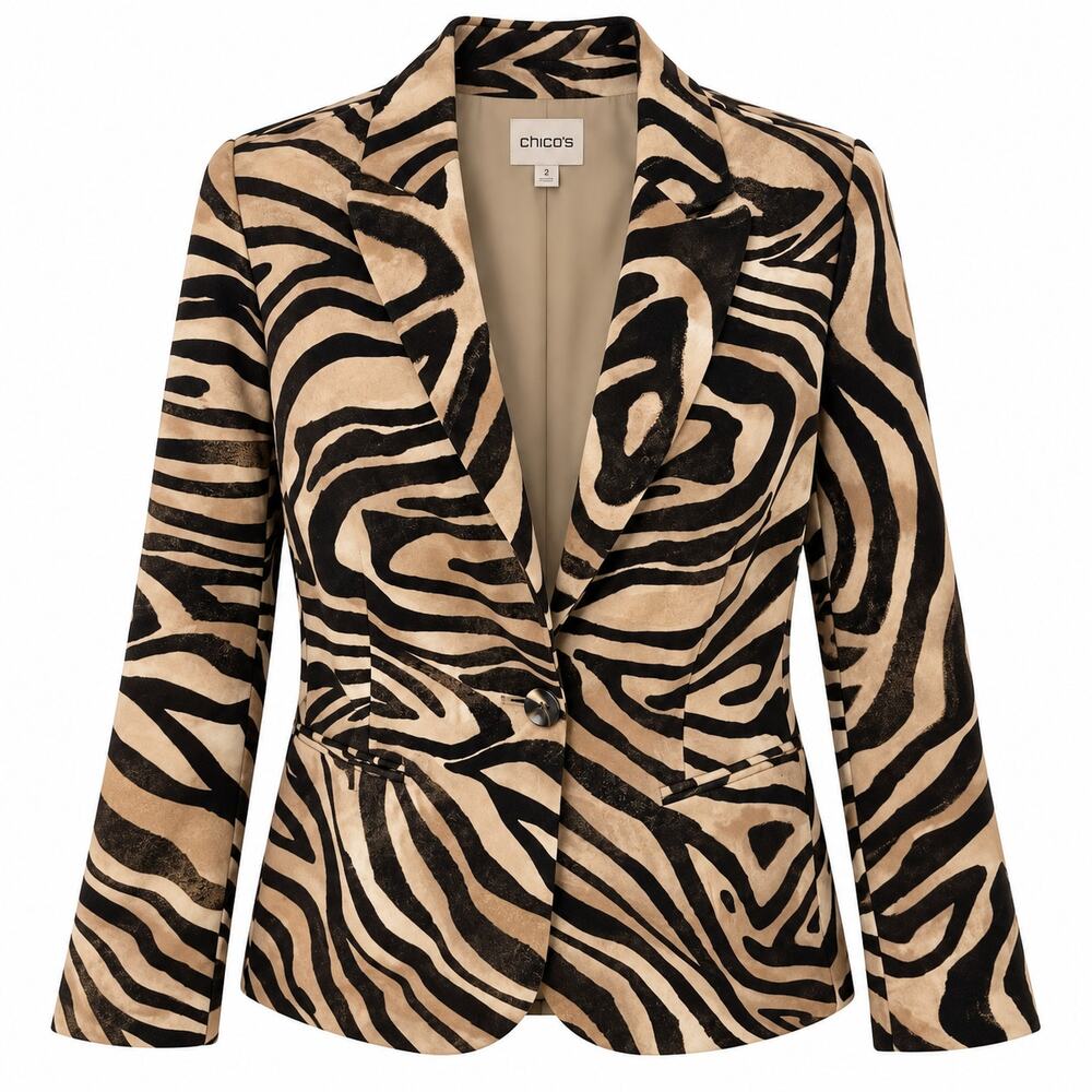 Chico's Zebra Animal Print Blazer Size Small Single Button Black Tan